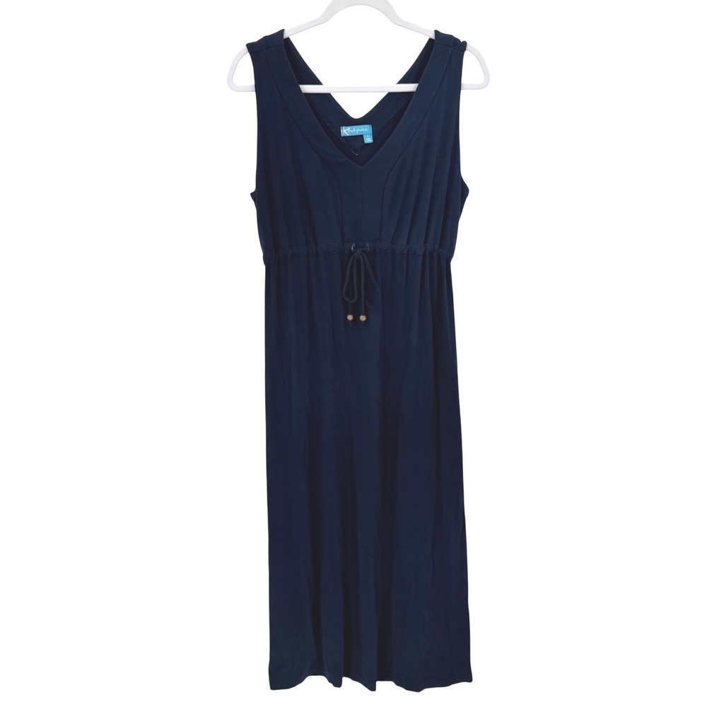Fresh Produce Navy Blue V-Neck Sleeveless Drawstring Midi Dress Wood Beads L